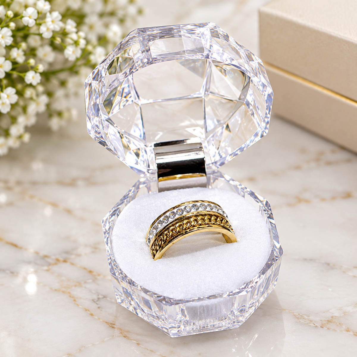 Gold Cuban Chain Crystal Band Ring