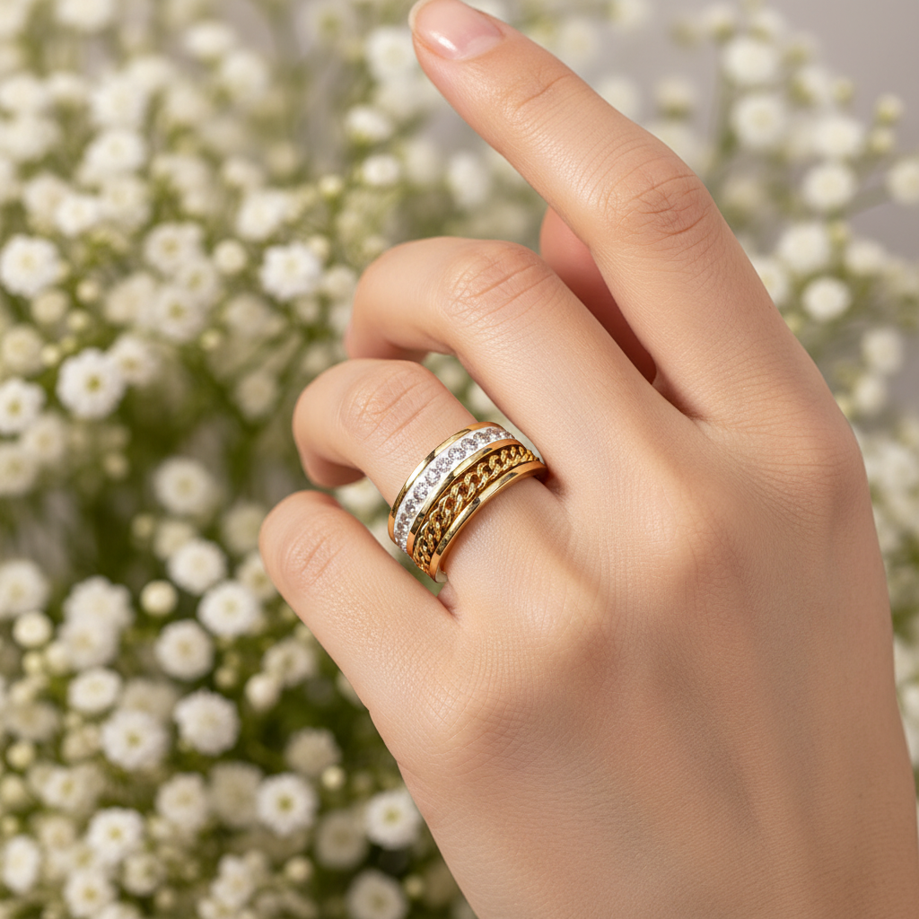 Gold Cuban Chain Crystal Band Ring