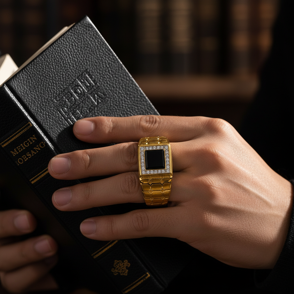 Black Onyx Honeycomb Signet Ring – Gold