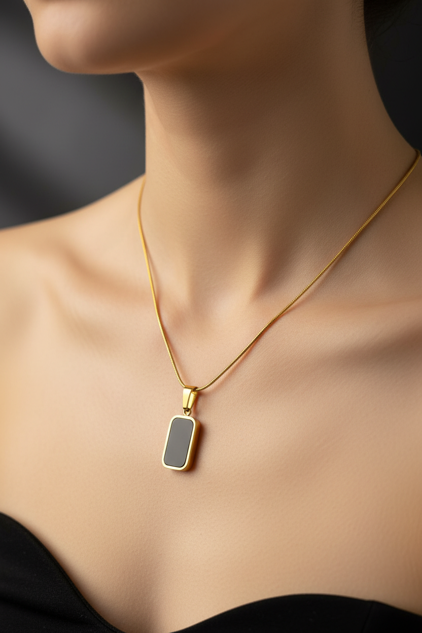 Black onyx gold pendant necklace lifestyle model shot