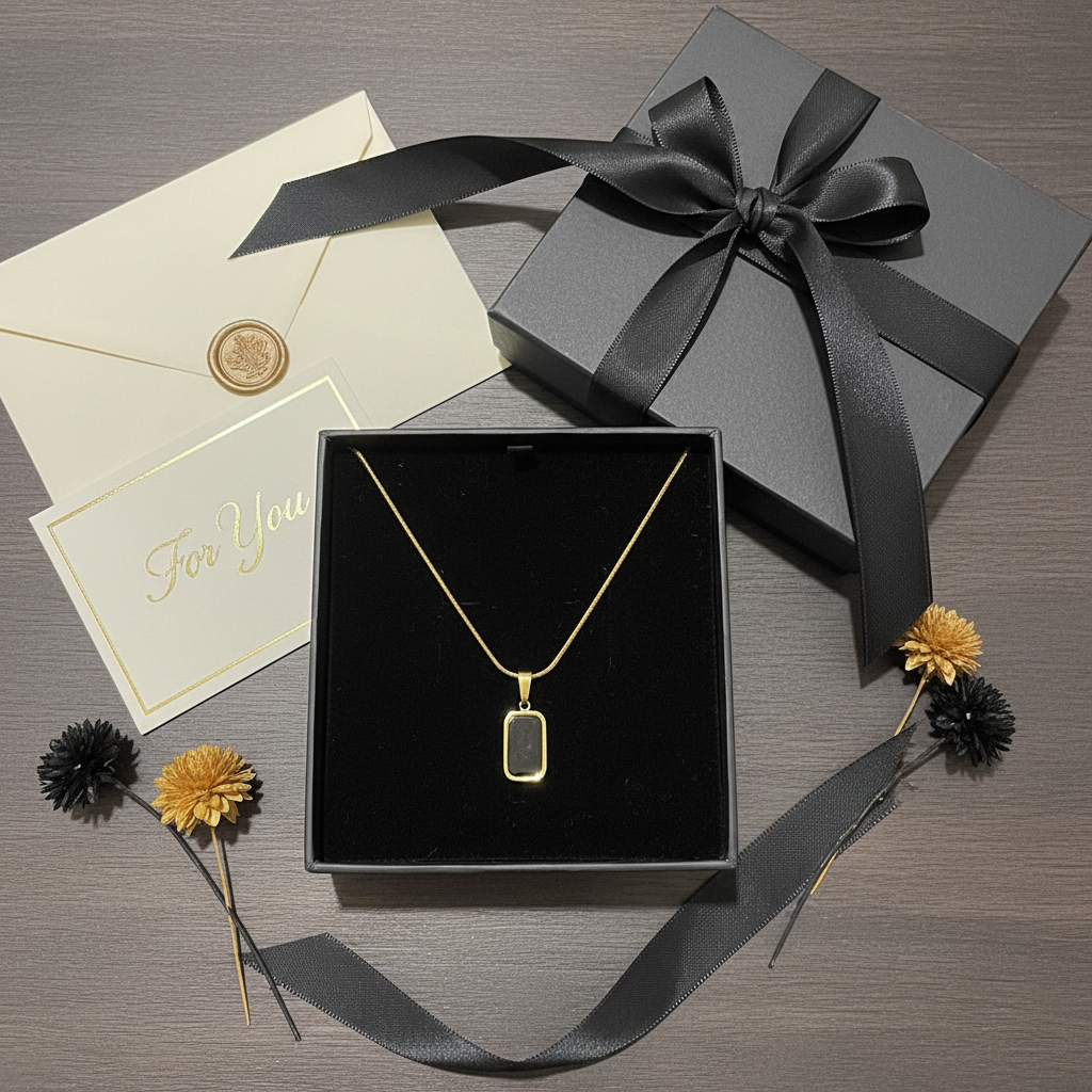 Black onyx gold pendant necklace gift packaging