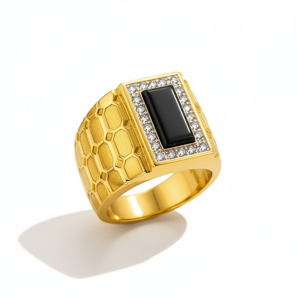 Black Onyx Honeycomb Signet Ring – Gold