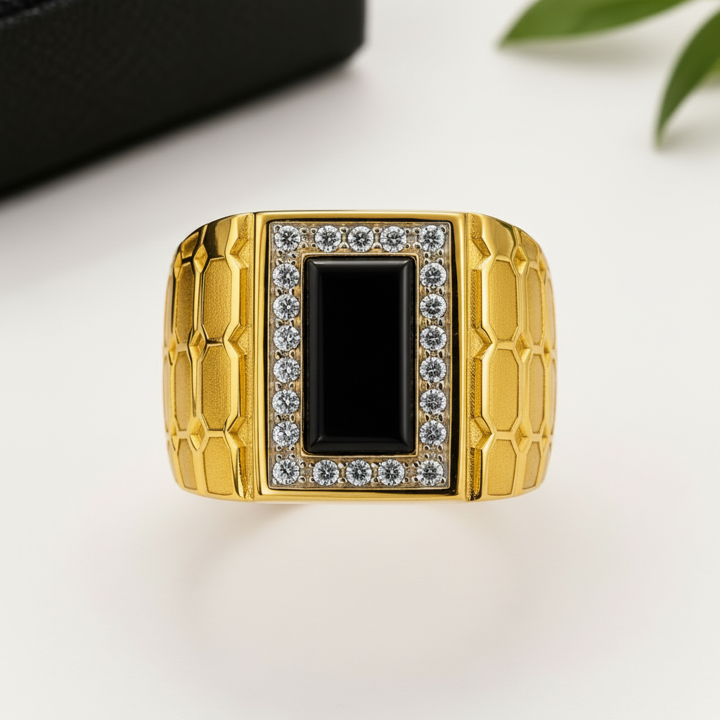 Black Onyx Honeycomb Signet Ring – Gold